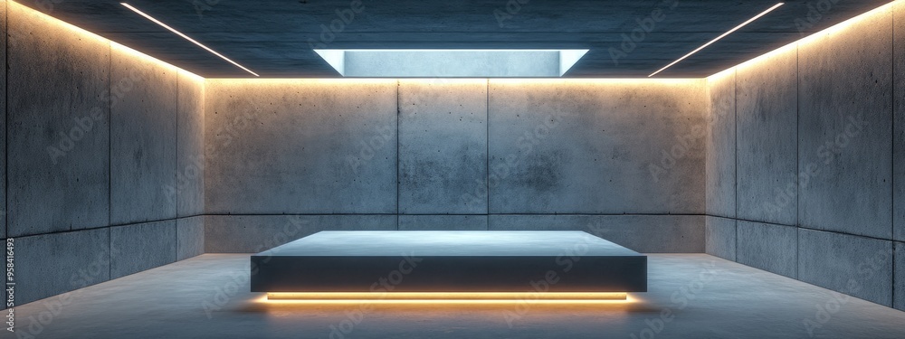 Poster modern abstract concrete room featuring an elevated cubical platform at the center and illuminated c