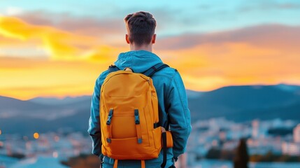 Fototapeta premium A traveler with a yellow backpack admires a stunning sunset over the city, capturing a moment of adventure and exploration.