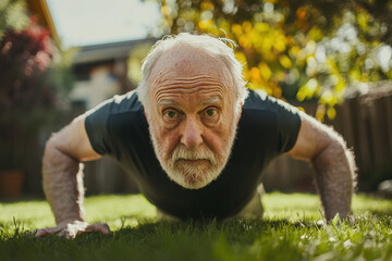 Determined senior man is working out in the backyard, enjoying the benefits of an active lifestyle