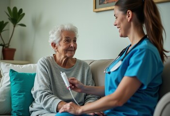 Obraz premium Candid Moment: Senior Woman Receiving IV Therapy, Geriatric Care, Hospital Room, Medical Treatment, Healthcare