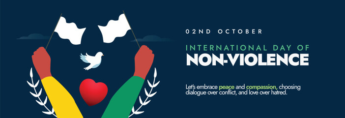 2nd October Non violence day celebration banner with people holding white flags indicating peace, negotiation. Vector illustration