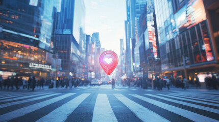 Naklejka premium Futuristic urban environment with a red map pin on an augmented reality roadway.