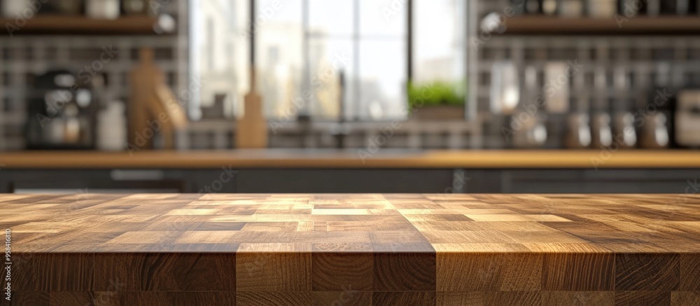 Poster 3d rendering of a selective focus end grain wood countertop featuring a cutting board set against a 