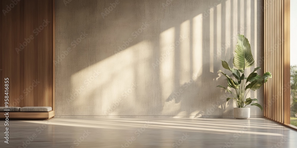 Poster 3d rendering of an abstract interior design featuring concrete and wood elements with a window