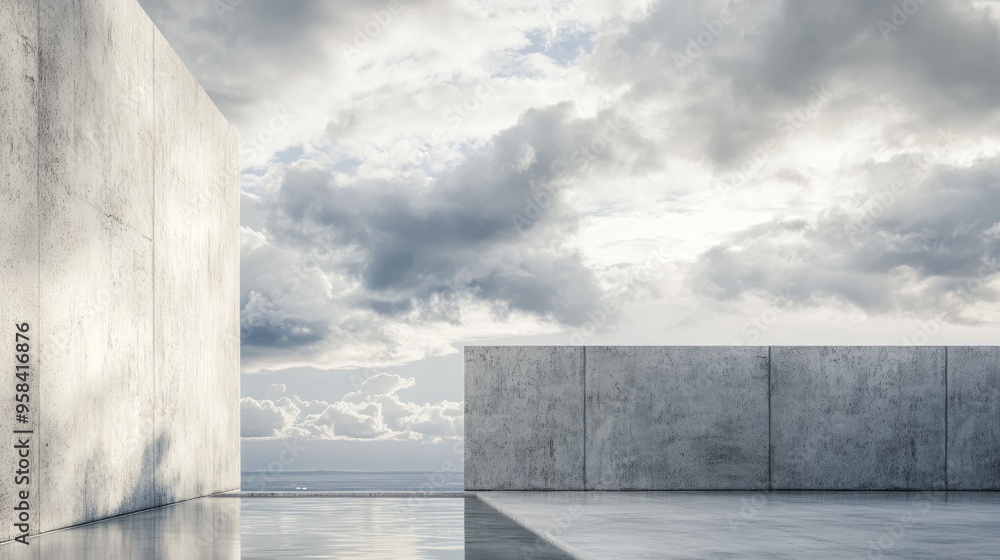 Poster 3d rendering of concrete wall construction set against a cloudy sky backdrop showcasing an abstract 