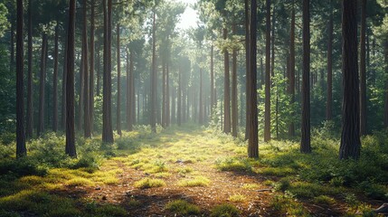 Obraz premium Explore a serene forest path illuminated by sunlight, featuring tall trees, lush greenery, and a tranquil atmosphere.