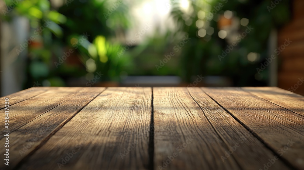 Poster 3d rendering of a wooden empty table surface with a blurred background ideal for product display or 