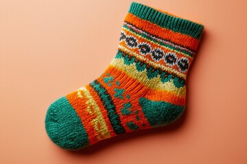 A Single Green, Orange, and Yellow Knitted Sock