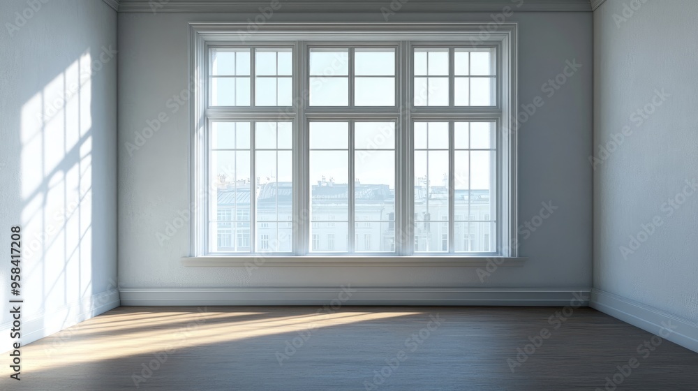 Poster empty interior with a window featuring 3d rendering