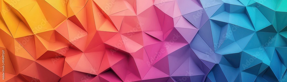 Poster a vibrant geometric pattern featuring colorful triangular shapes, perfect for backgrounds or modern 