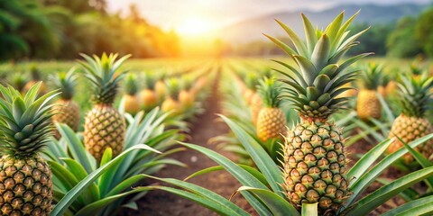 Fototapeta premium Ripe pineapples growing in a lush plantation, tropical, fruit, agriculture, harvest, organic, juicy, freshness, farm, sunny