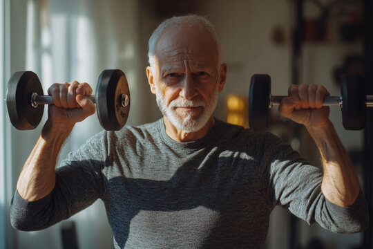 Senior man is lifting weights at the gym, showing that age is no barrier to staying fit and healthy