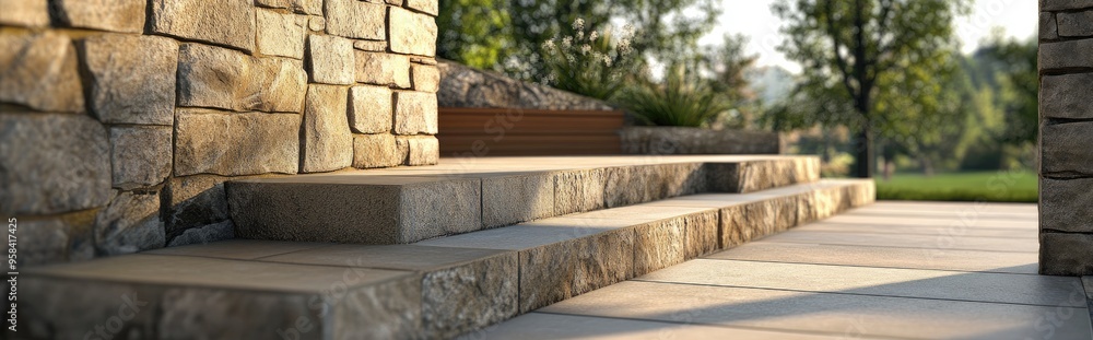 Poster 3d rendering of natural stone cladding applied to finish a concrete porch with decorative tiles