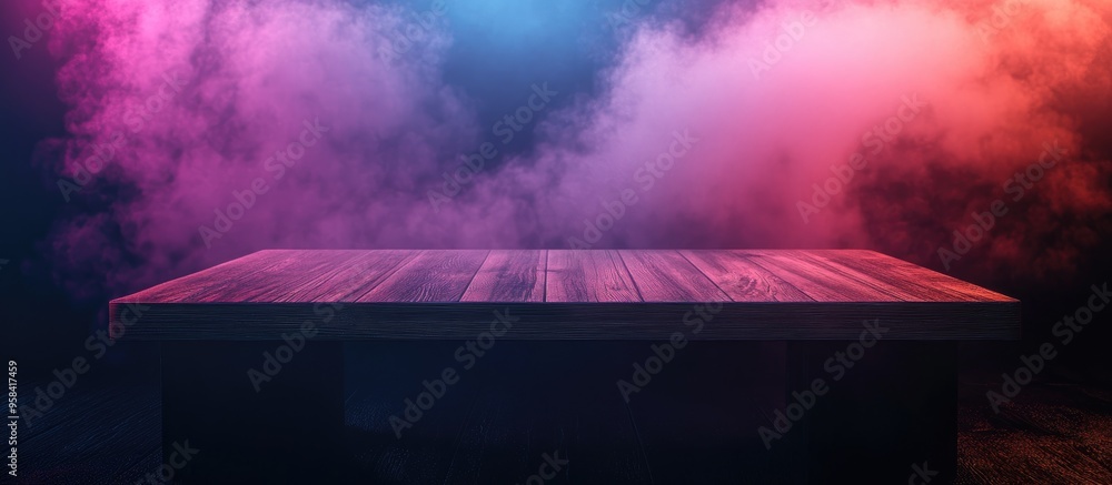 Poster 3d rendering of an empty wooden table with smoke rising against a dark background providing space fo