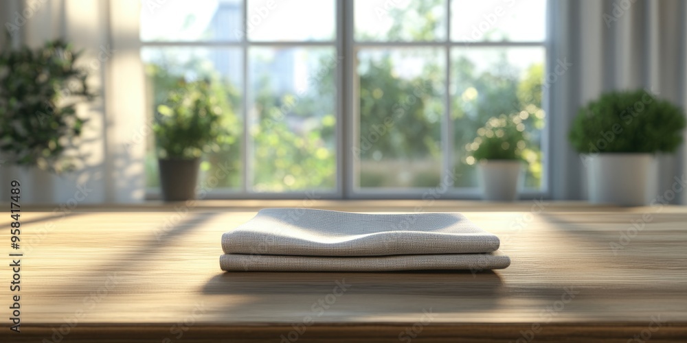 Poster 3d rendering of a cloth napkin on a wooden table with a glass window backdrop for product display de
