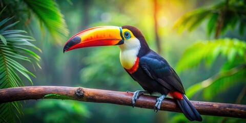 Fototapeta premium Vibrant toucan bird perched on a tree branch in the rainforest, toucan, bird, colorful, nature, wildlife, tree, branch, tropical