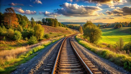 Fototapeta premium Railroad tracks winding through scenic countryside landscape, transportation, train, rural, track, metal, steel