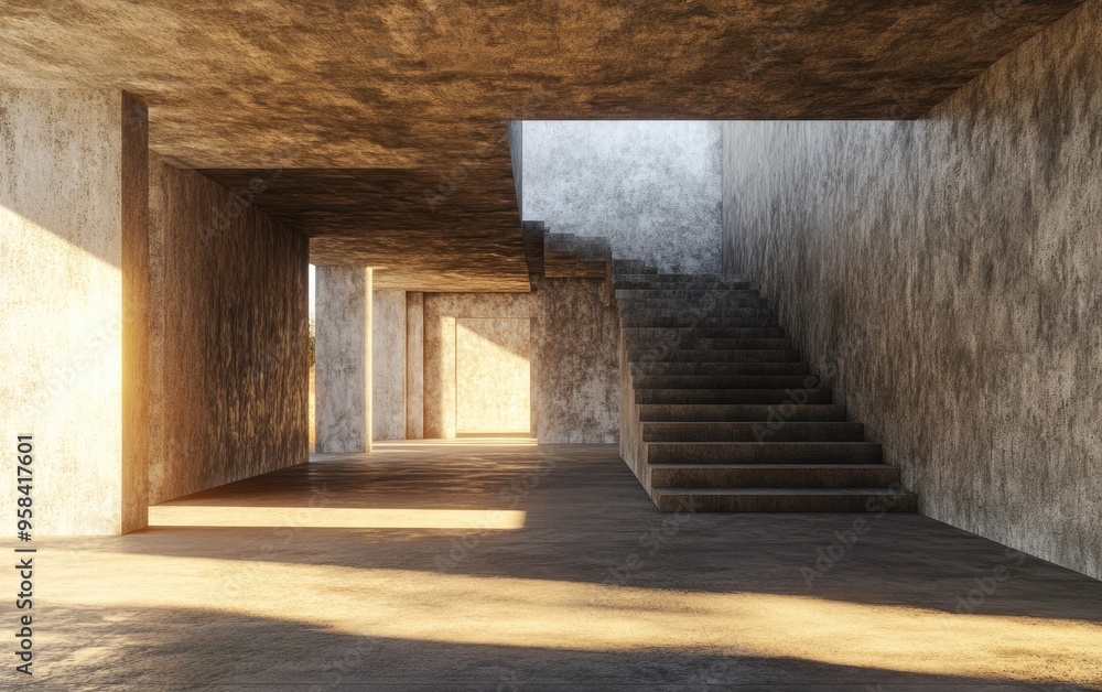 Poster 3d rendering of the interior view of a ruined abandoned structure