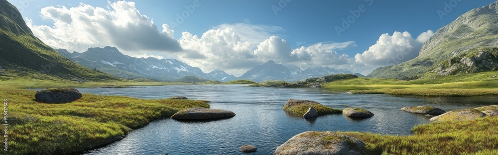 Poster 3D rendering of a panoramic nature scene showcasing high resolution images suitable for interior printing without any photo editing