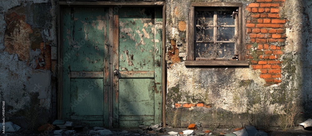 Poster 3d rendering of close up elements of a dilapidated structure featuring doors and windows