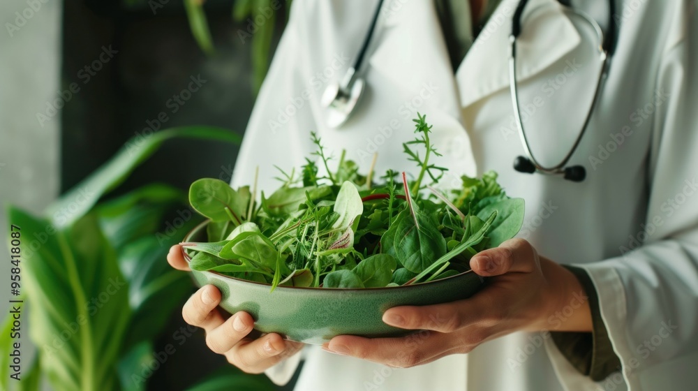 Wall mural a doctor holds a bowl of greens with a stethoscope around her neck