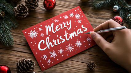 Person writing on a festive Merry Christmas card surrounded by pine cones, ornaments, and holiday decorations.