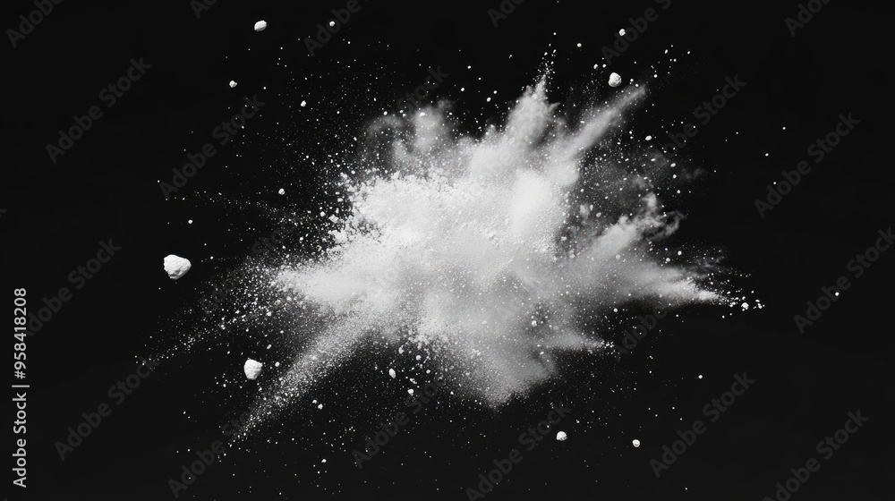 Aufkleber abstract white powder splatter on black background featuring a freeze motion of color powder explosi