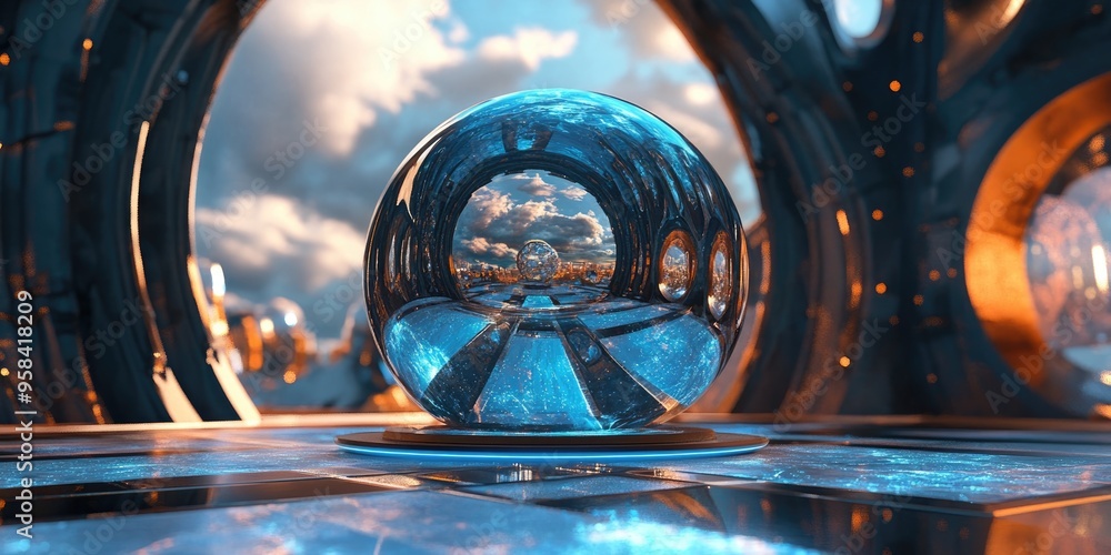 Poster sci fi background featuring a crystal ball in a 3d cartoon rendering