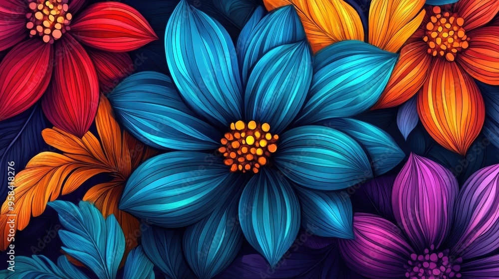 Aufkleber colorful flower illustration in 3d cartoon rendering with hand painted and drawn details featuring d