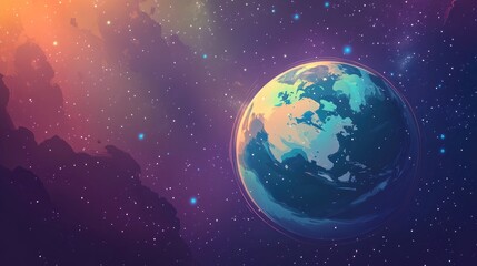 Abstract space background featuring Earth and stars in a 3D cartoon style