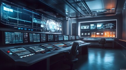 Futuristic Control Room Monitoring Complex Automated Process Through Multiple Screens
