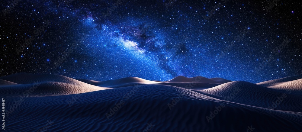 Poster 3d cartoon rendering featuring the milky way above sand dunes at a dark location
