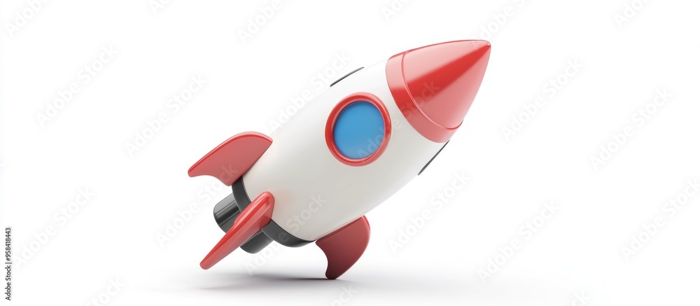 Poster Flying business rocket in a 3D cartoon rendering on a white background Successful infographic representing innovation project growth and startup concepts