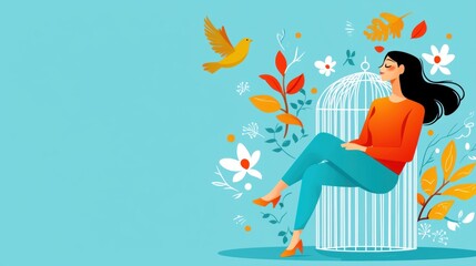 Fototapeta premium Person in a cage of data, trapped by digital privacy concerns, flat design illustration
