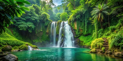 Fototapeta premium A stunning waterfall surrounded by lush green jungle foliage, waterfall, jungle, nature, tropical, scenery, exotic