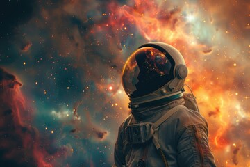 Astronaut in Space Against Colorful Nebula Backdrop, Exploring Outer Universe