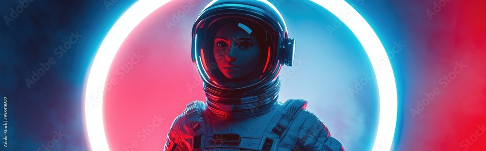 Poster a futuristic space woman astronaut stands in front of the camera set against a glowing neon circle i