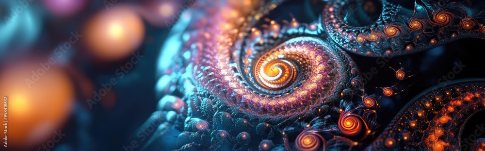 Poster Abstract fractal patterns and shapes in a 3D cartoon rendering Mysterious psychedelic relaxation design with dynamic flowing natural forms and sacred geometry featuring mystical spirals