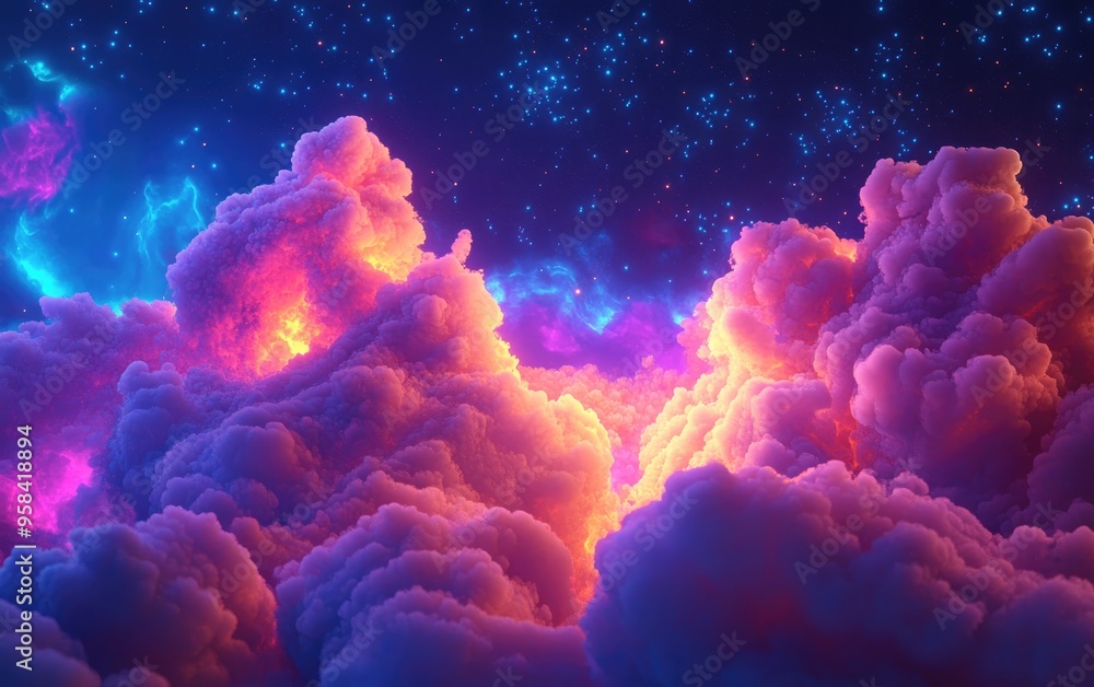 Poster Abstract fractal art background featuring a 3D cartoon rendering that evokes heavenly clouds or a nebula with stars in space