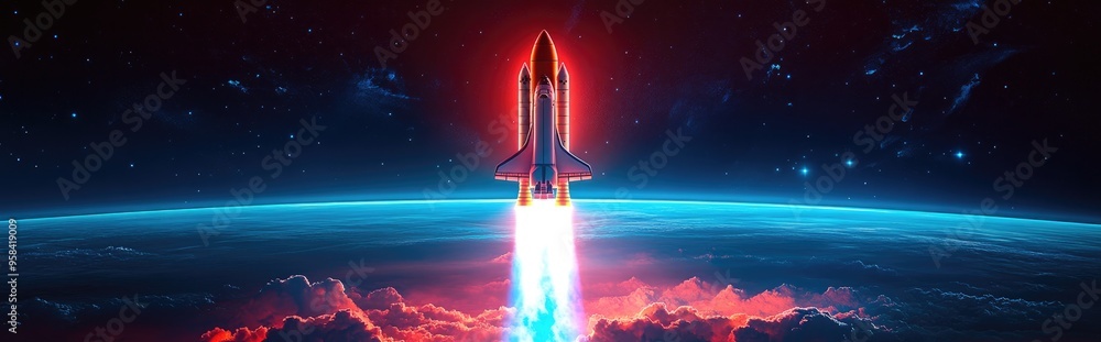 Aufkleber 3d cartoon illustration of a launch of a space shuttle in open space above earth blue gradient space