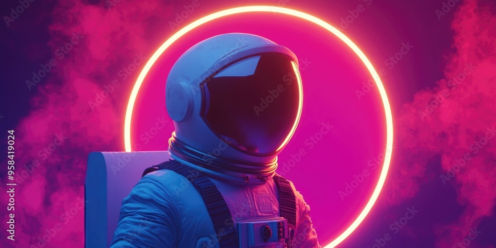 Poster Colorful visor and white spacesuit astronaut in a 3D cartoon rendering with moody 80s lighting and a neon circle 3D Rendering