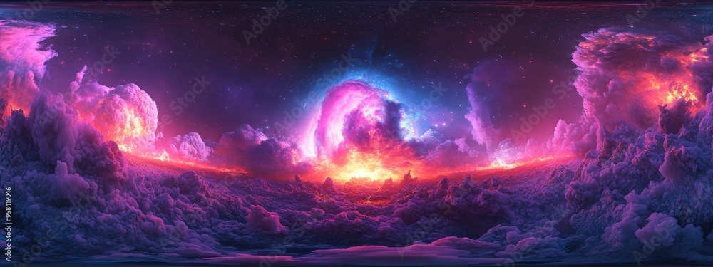 Aufkleber 360 degree interstellar cloud of dust and gas in a 3D cartoon rendering Space background featuring nebula and stars Panorama environment 360deg HDRI map Equirectangular projection spherical panora
