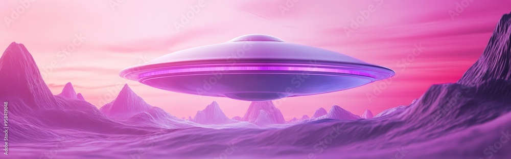 Aufkleber purple alien spaceship ufo depicted in a 3d cartoon rendering