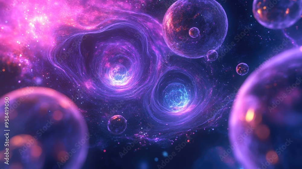 Fototapete Abstract background of space portals in a 3D cartoon rendering