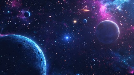 2D illustration featuring a 3D cartoon rendering Background of deep interstellar space with bright flashing stars planets moons and comets Various imaginative science fiction backdrops Space art