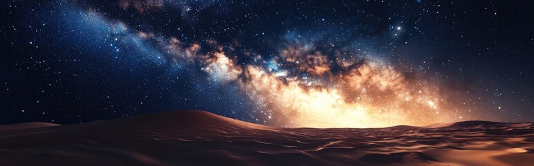 Fototapeta premium Panoramic view of the Milky Way galaxy on the desert horizon at night in a 3D cartoon rendering showcasing the universe and cosmos with some light pollution on the right side