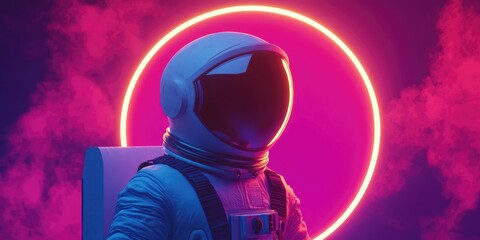 Colorful visor and white spacesuit astronaut in a 3D cartoon rendering with moody 80s lighting and a neon circle 3D Rendering