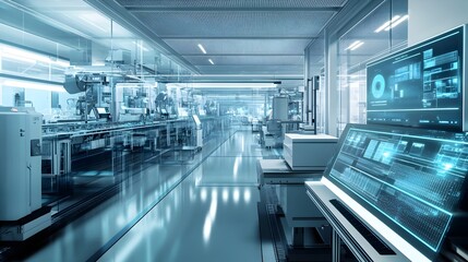 Obraz premium Automated Microchip Assembly in High-Tech Semiconductor Cleanroom with Production Simulations