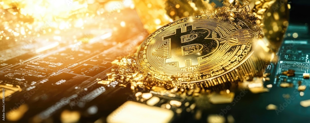 Aufkleber a close-up of a bitcoin coin surrounded by shiny particles, symbolizing the fusion of technology and