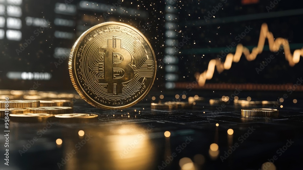 Poster a close-up of a bitcoin floating above a digital interface, showcasing fluctuations in cryptocurrenc